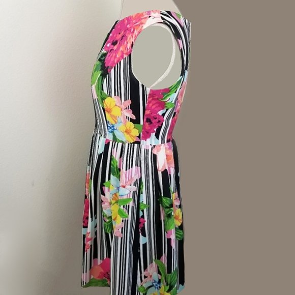 ELLEN TRACY 2 XS Floral Dress Stripe Fit Flare Keyhole Midi 50s Retro 4 S 1950s - Picture 10 of 14